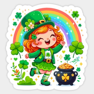 A cute Irish Lassie dancing an Irish jig celebrates St Patrick's Day with a rainbow a pot of gold and shamrocks Irish Pride Irish American four leaf clovers Sticker